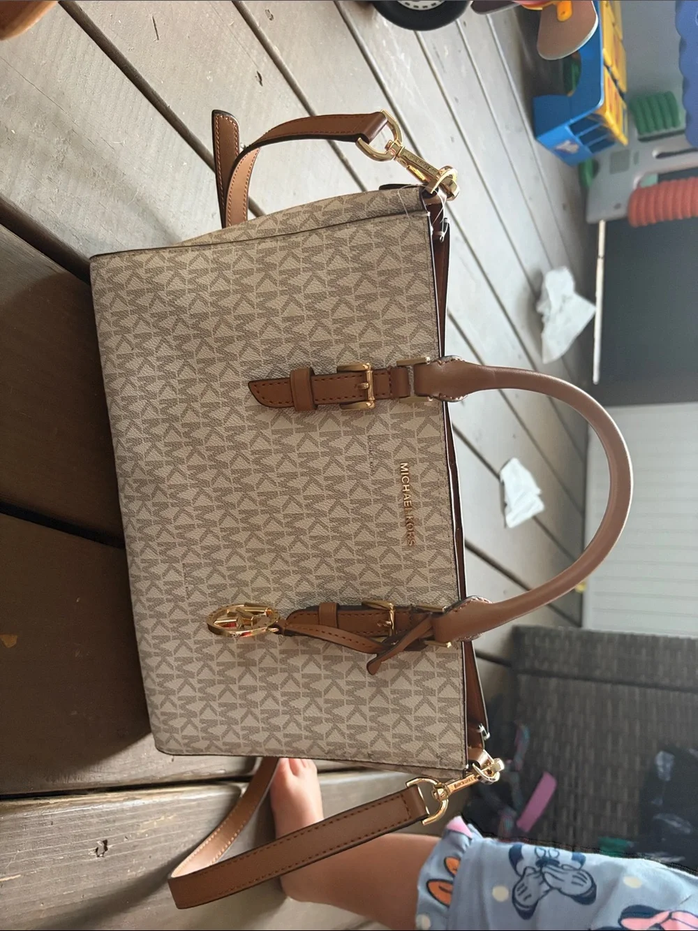 Michael Kors Cream & Tan Logo Satchel with Gold Hardware